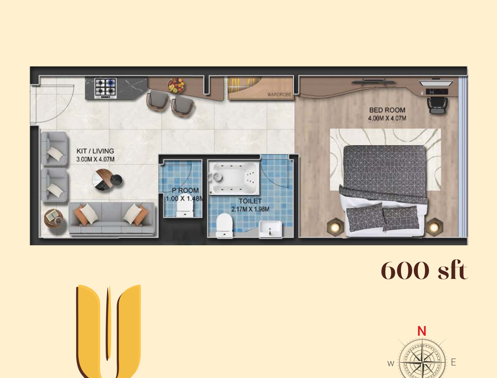 600 sft Studio